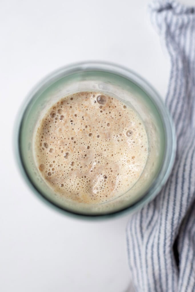 overhead photo of bubbly spelt sourdough starter in a glass jar.