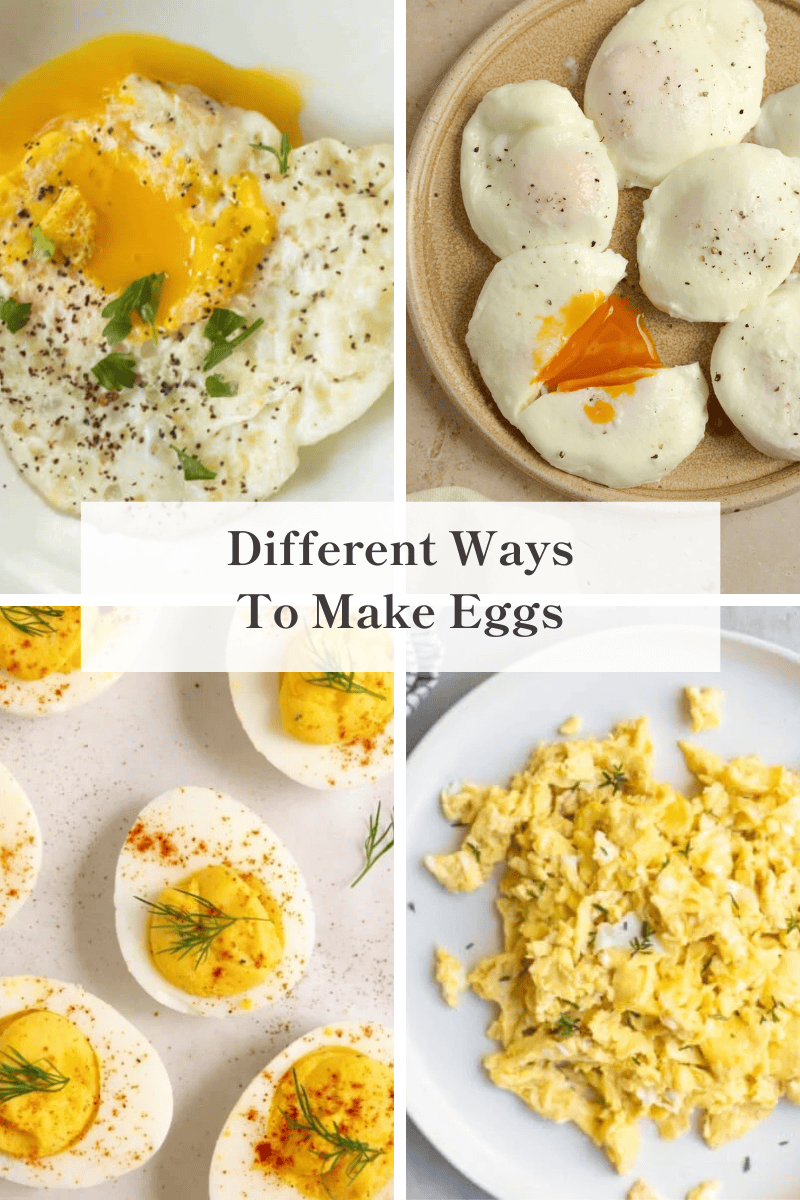 A collage of eggs cooked differently.