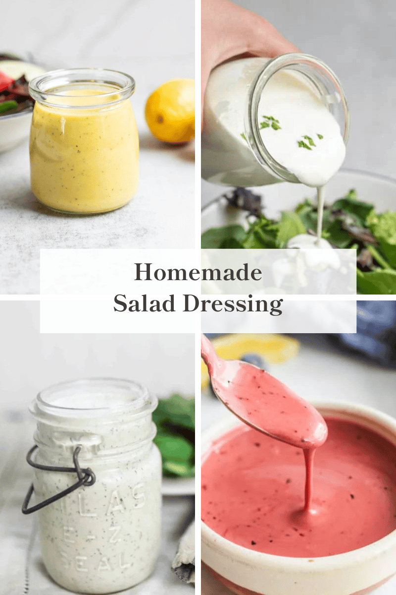Four images of salad dressings.