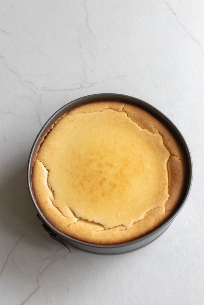 A baked cheese cake with no toppings.