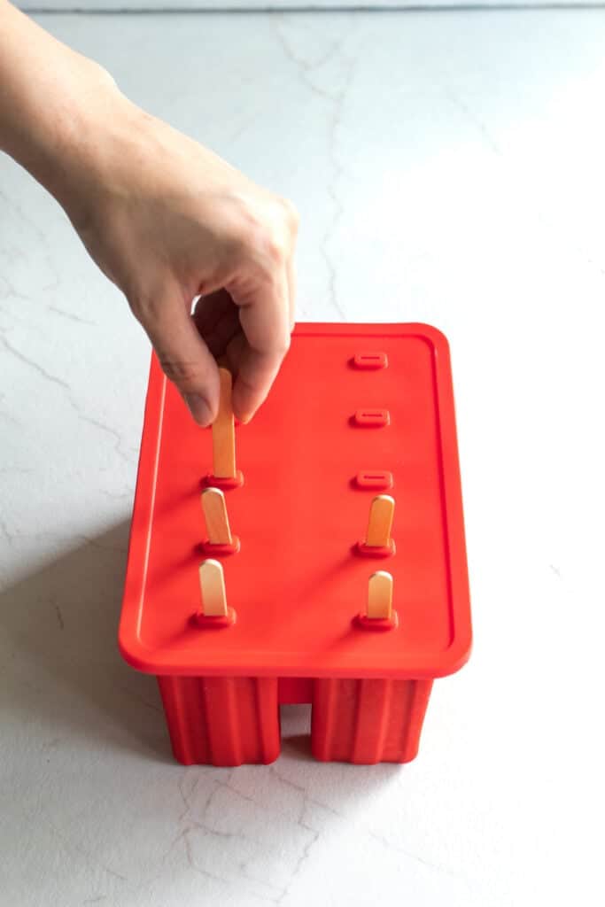 Placing popsicle sticks into the silicone popsicle molds.