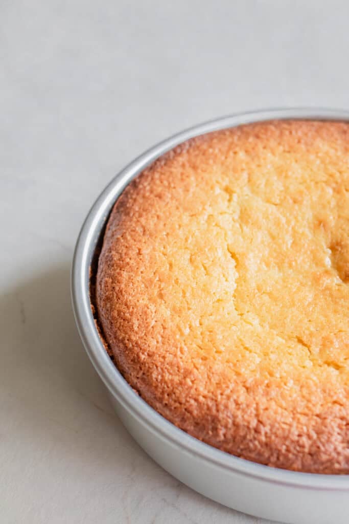 A lemon olive oil cake cooling in a round pan.