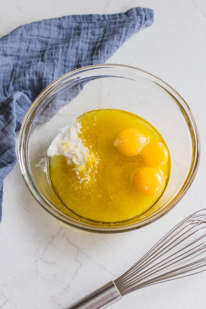 Egg mixture in a glass bowl.