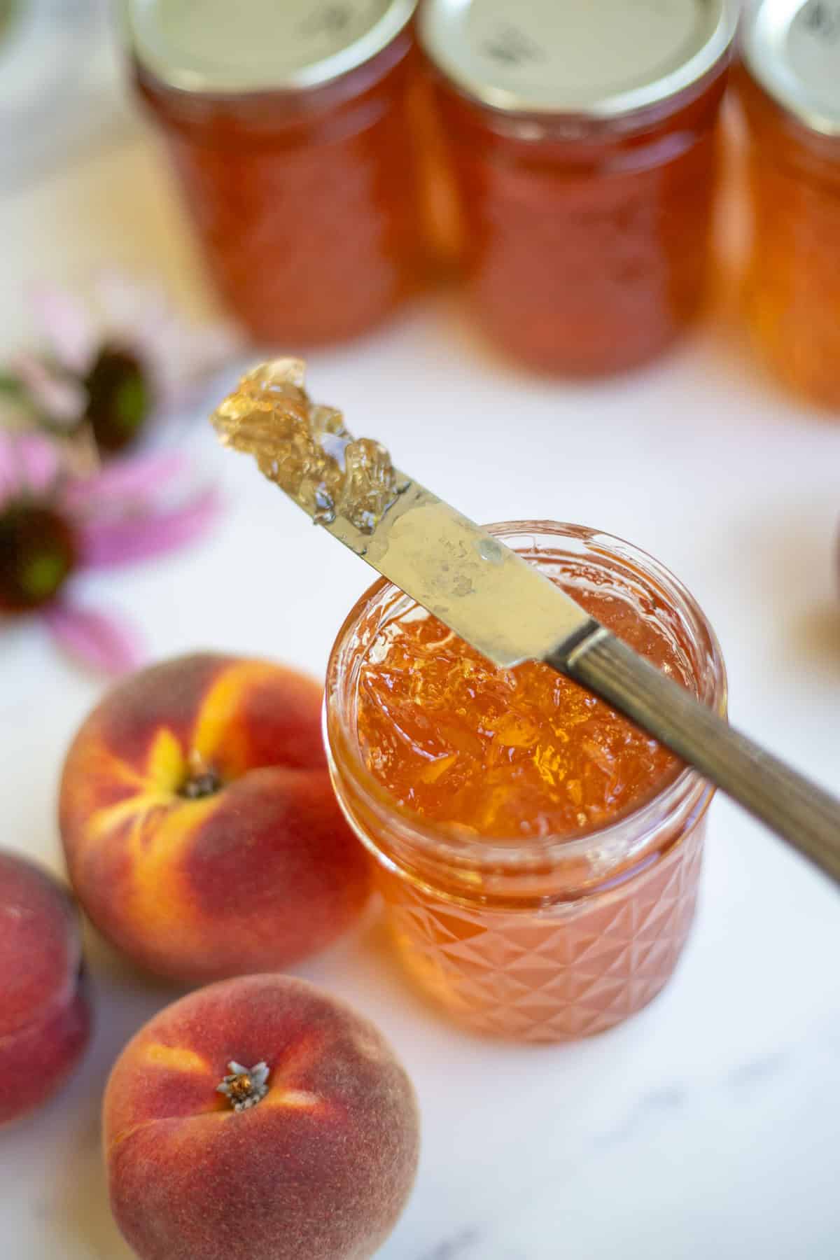 A jelly coated knife resting on a jar of peach jelly.