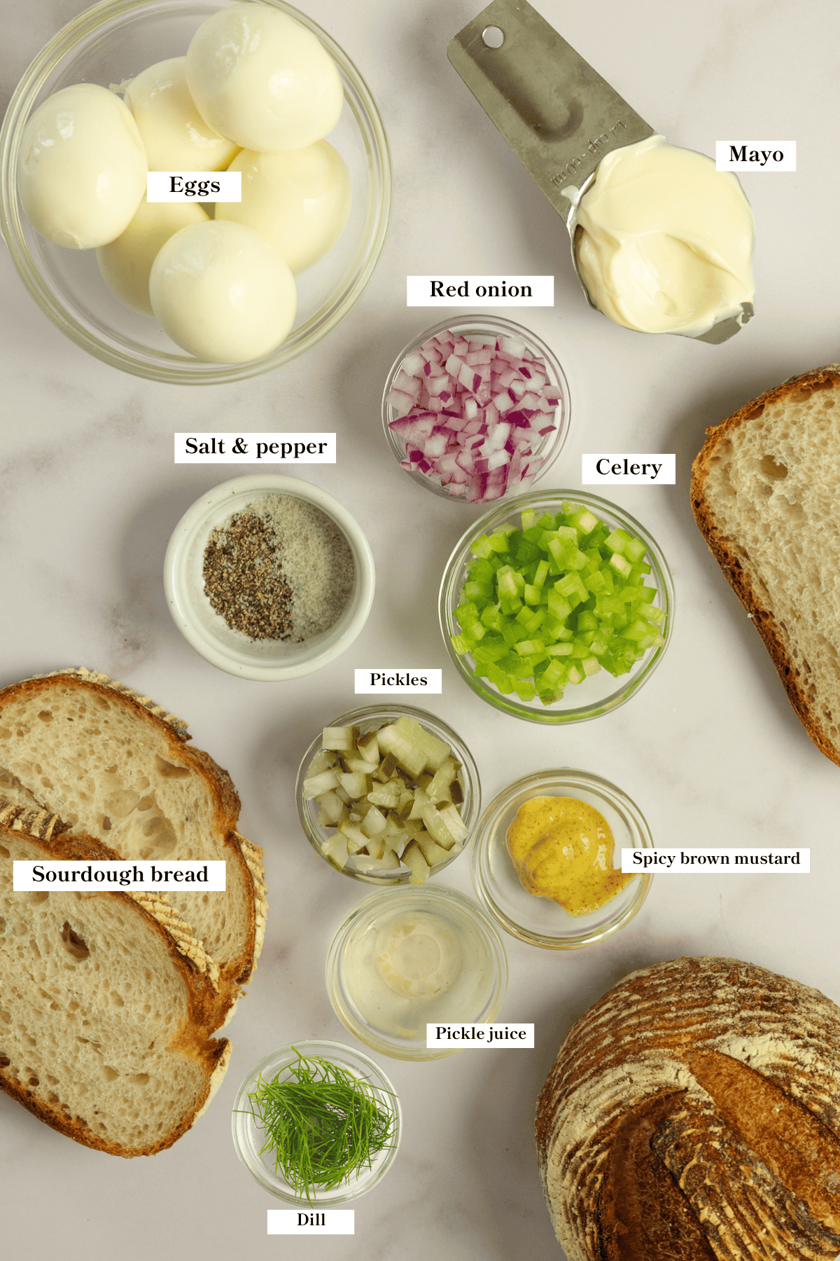 Ingredients to make an egg salad sandwich.