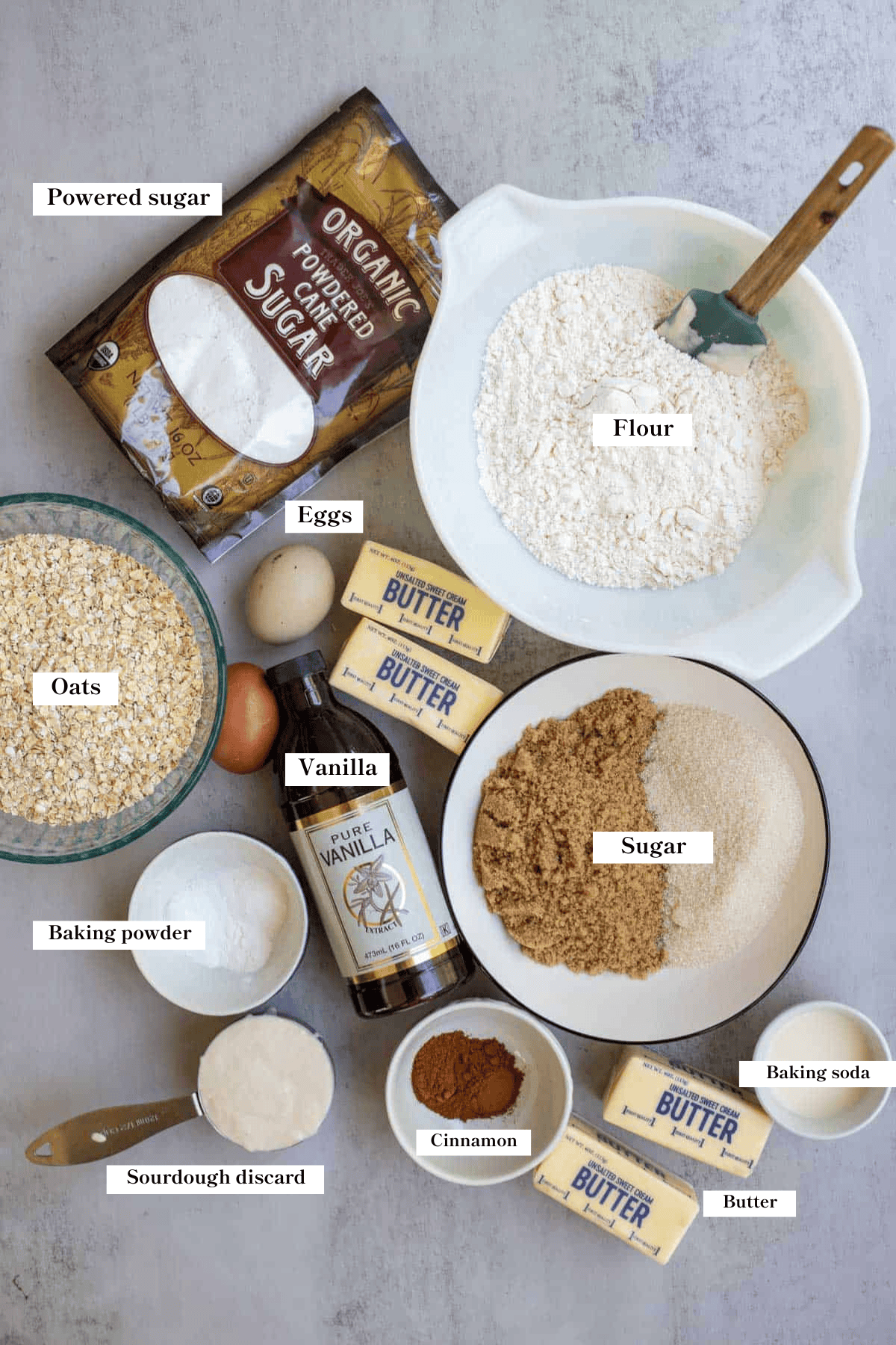 Ingredients to make oatmeal cream pies laying on the countertop.