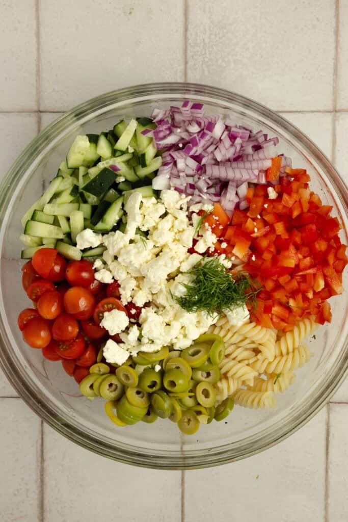 Onions, tomatoes, peppers, olives, and other ingredients on top of pasta.