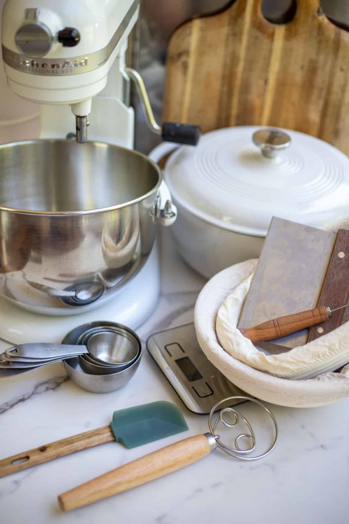 Sourdough baking tools on the countertop.