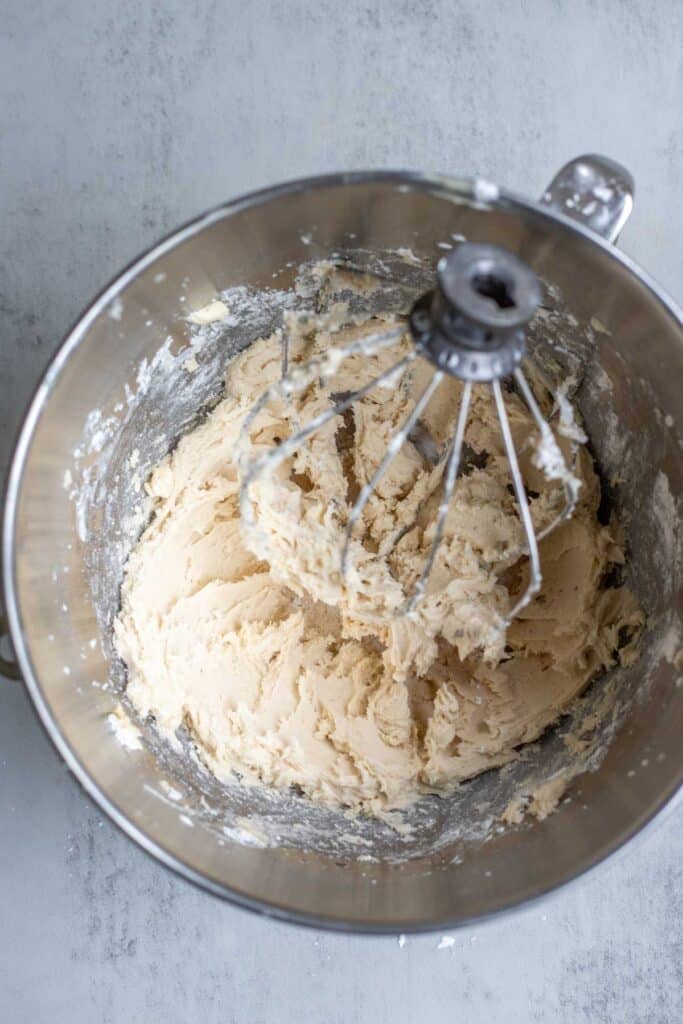 Sugar and butter creamed in a kitchen aid mixer.
