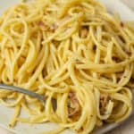 spaghetti noodles on a plate with a noodles wrapped around a fork.