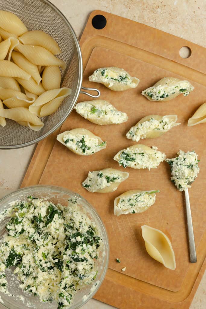 Jumbo pasta shells stuffed with ricotta mixture.