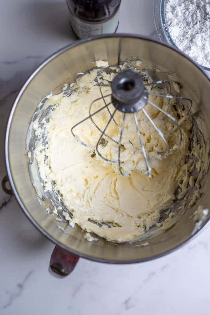 Butter and sugar creamed together in a stand mixer.