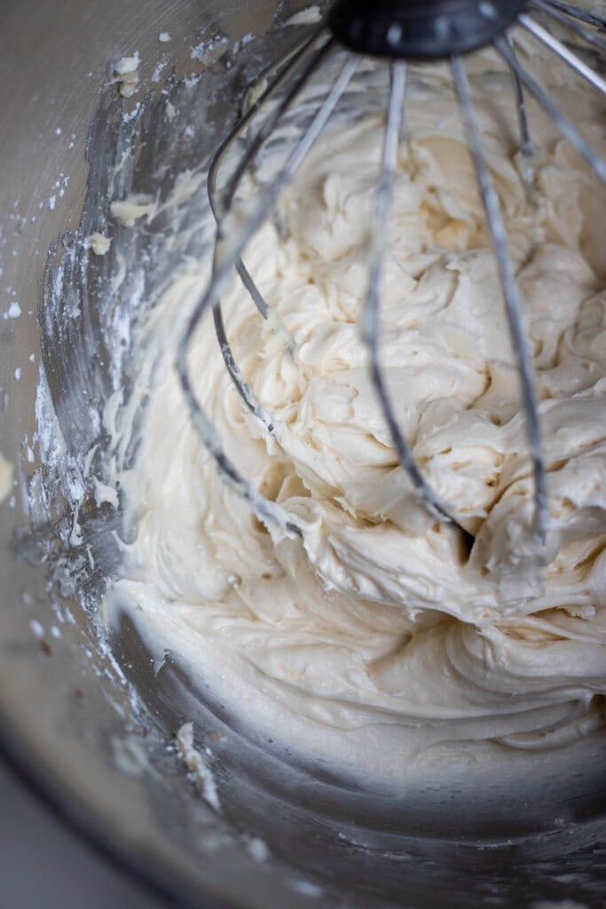 Cream cheese, butter, and sugar whipped until smooth and creamy.