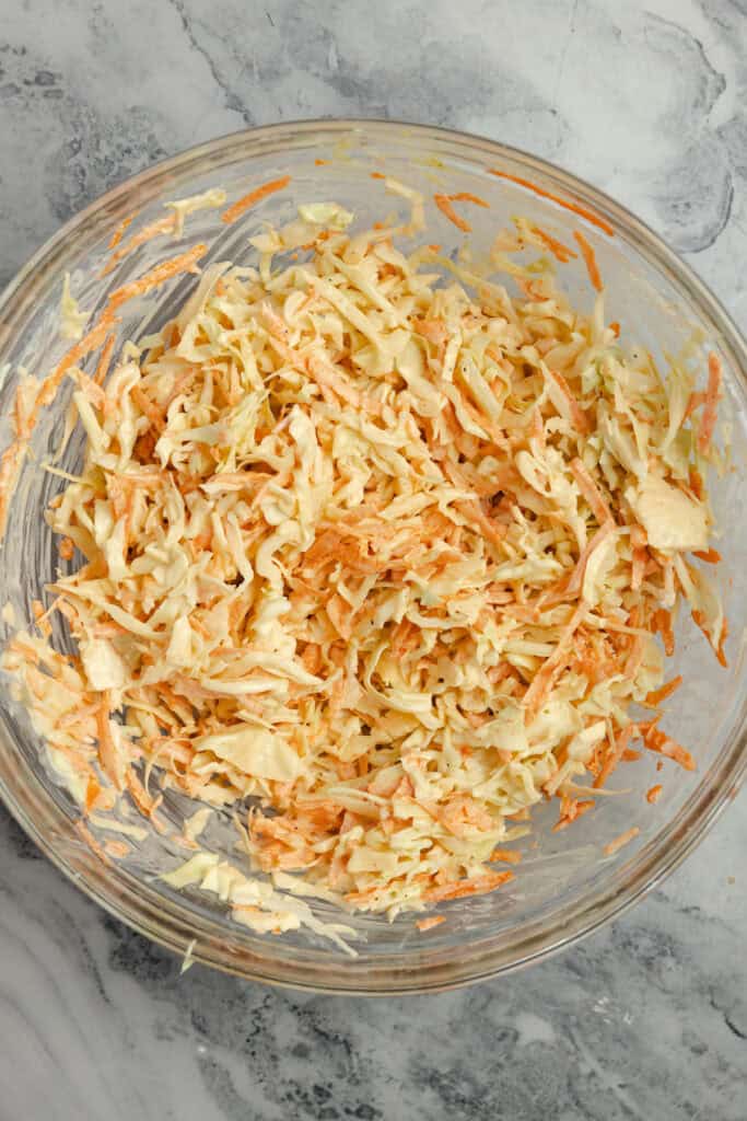 Cabbage and carrots tossed in a mayonnaise based dressing. 