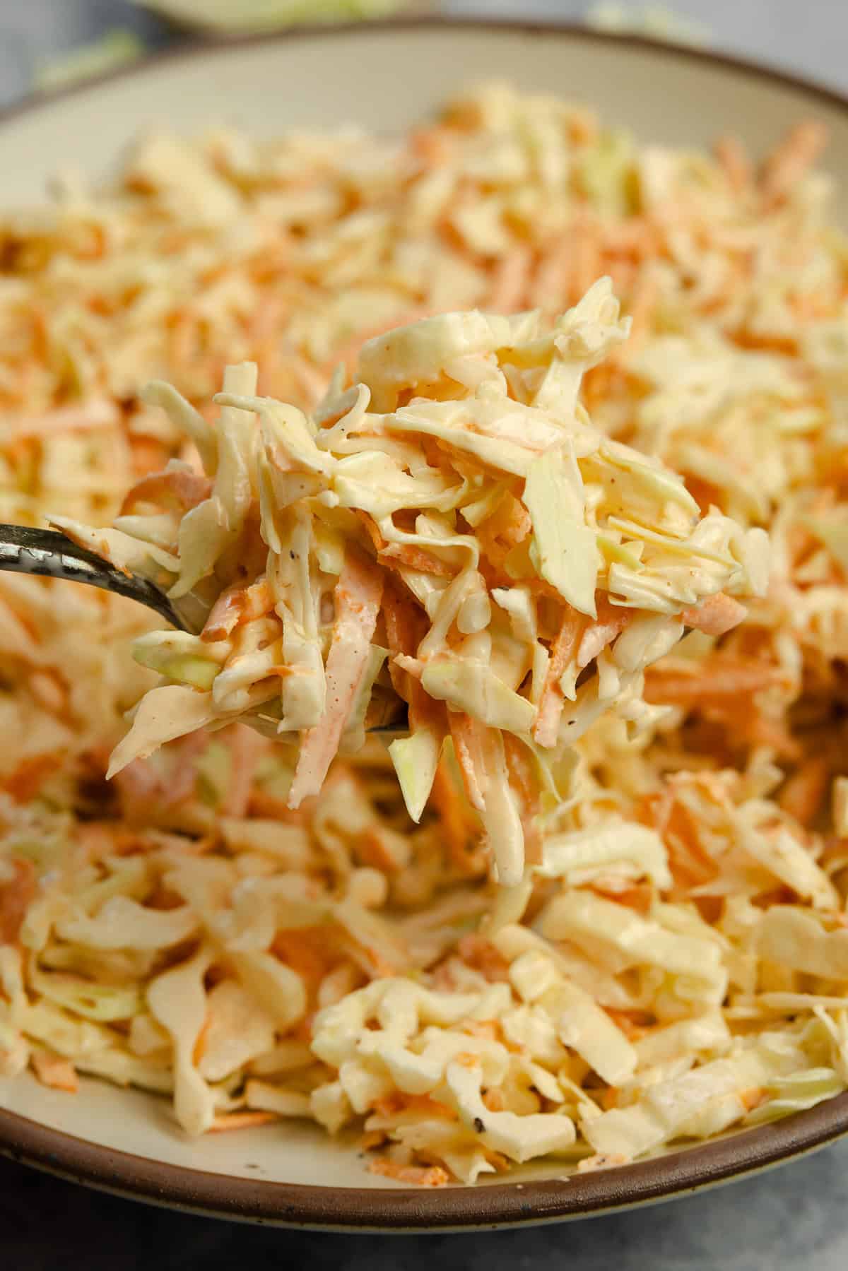 A fork lifting up a bite full of coleslaw. 
