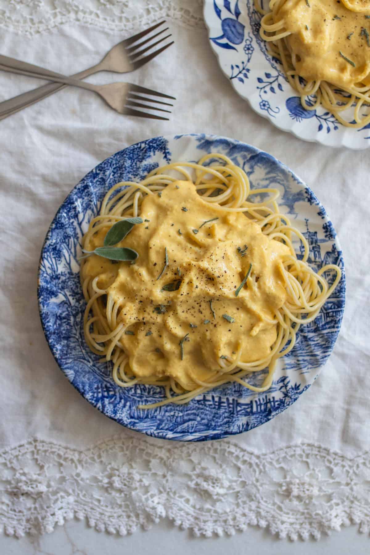 A plate of pasta with sauce.