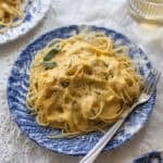 A plate of pasta with butternut squash pasta sauce.