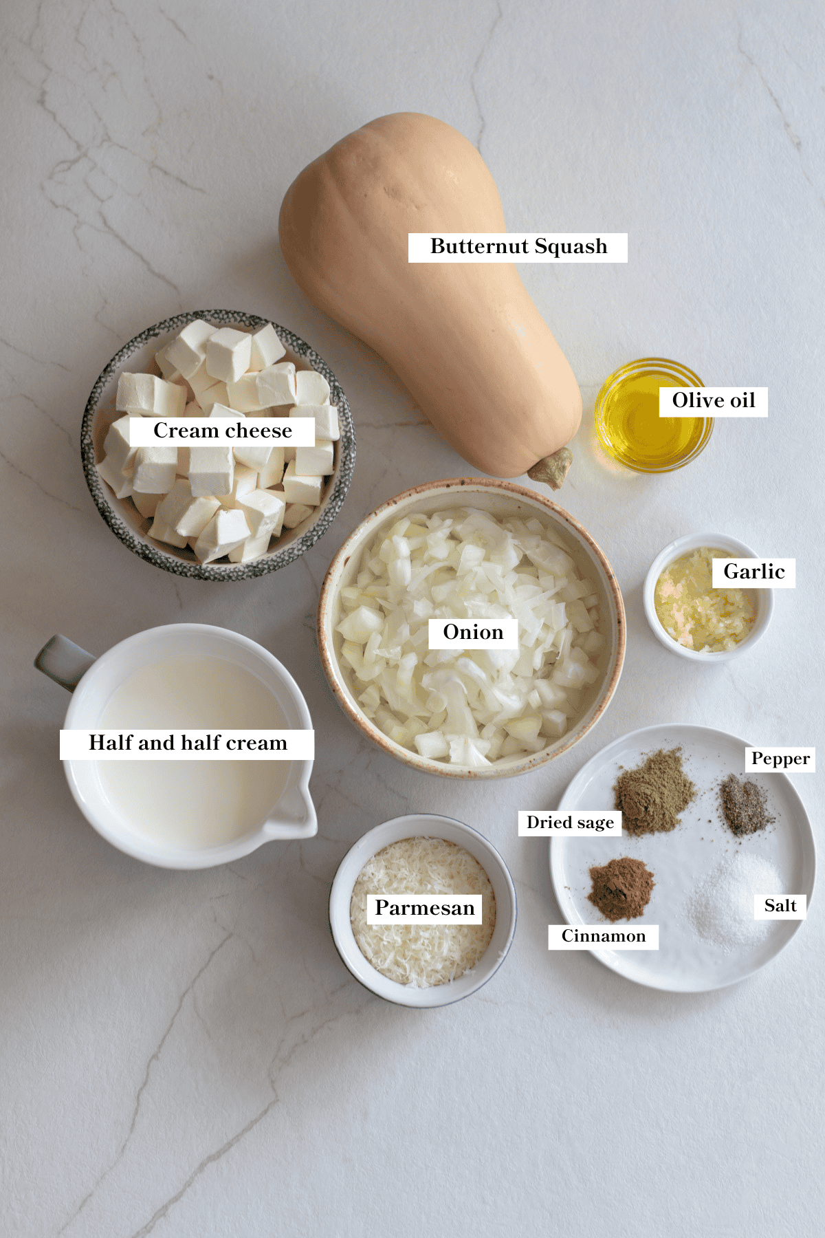 Ingredients for butternut squash pasta sauce on a countertop.