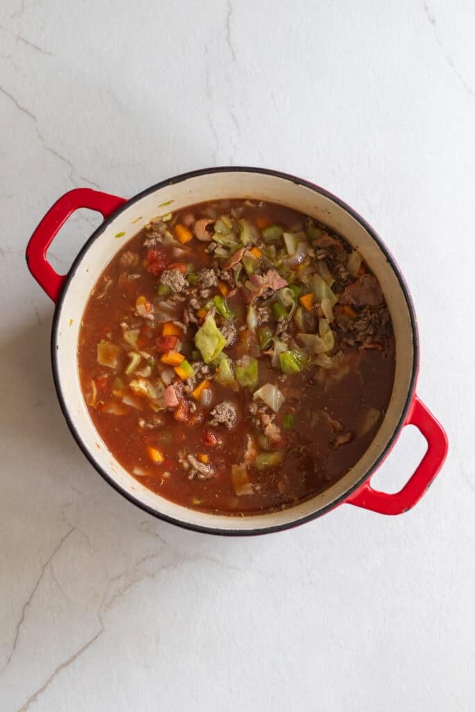 Simmering cabbage soup in a Dutch oven.