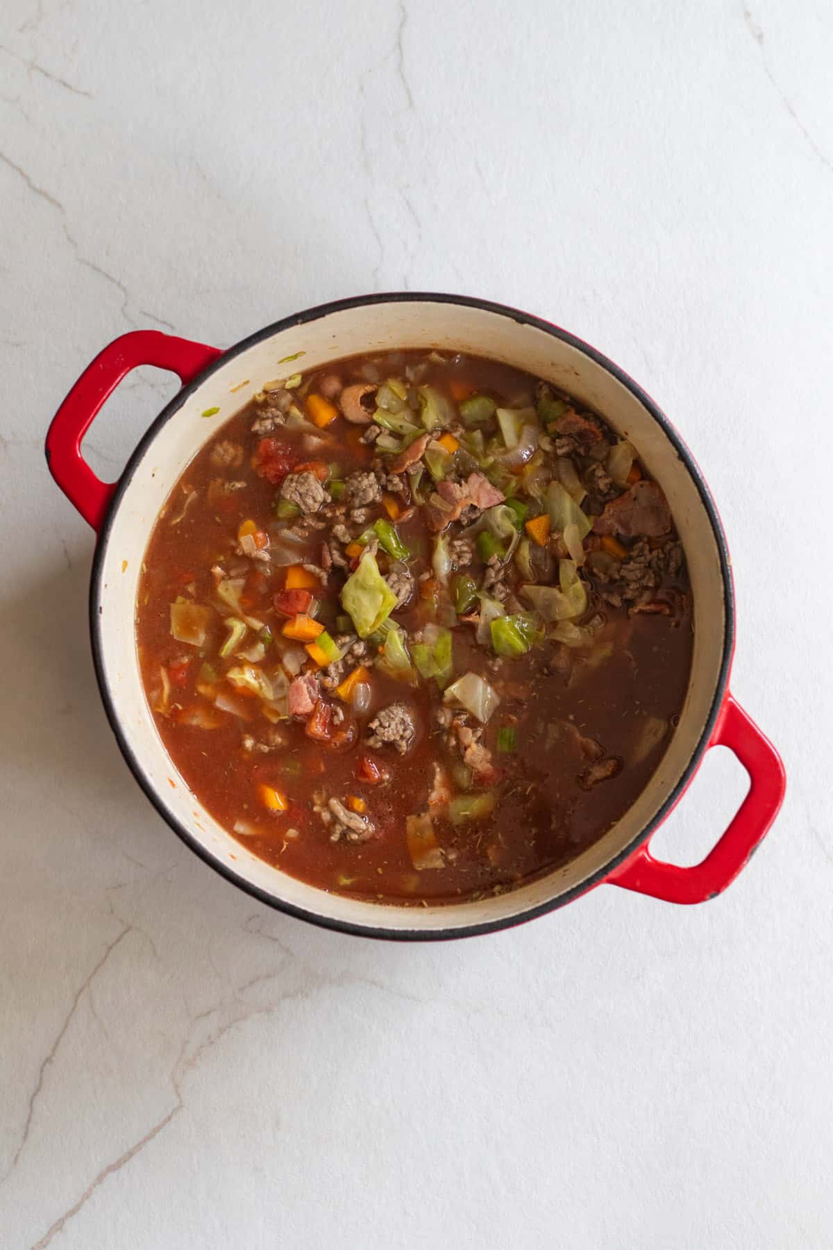 Simmering cabbage soup in a Dutch oven.