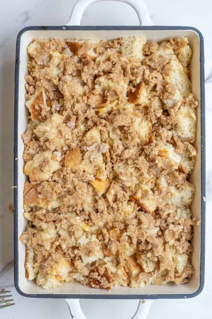 The sugary French toast topping spread evenly over the bread mixture.