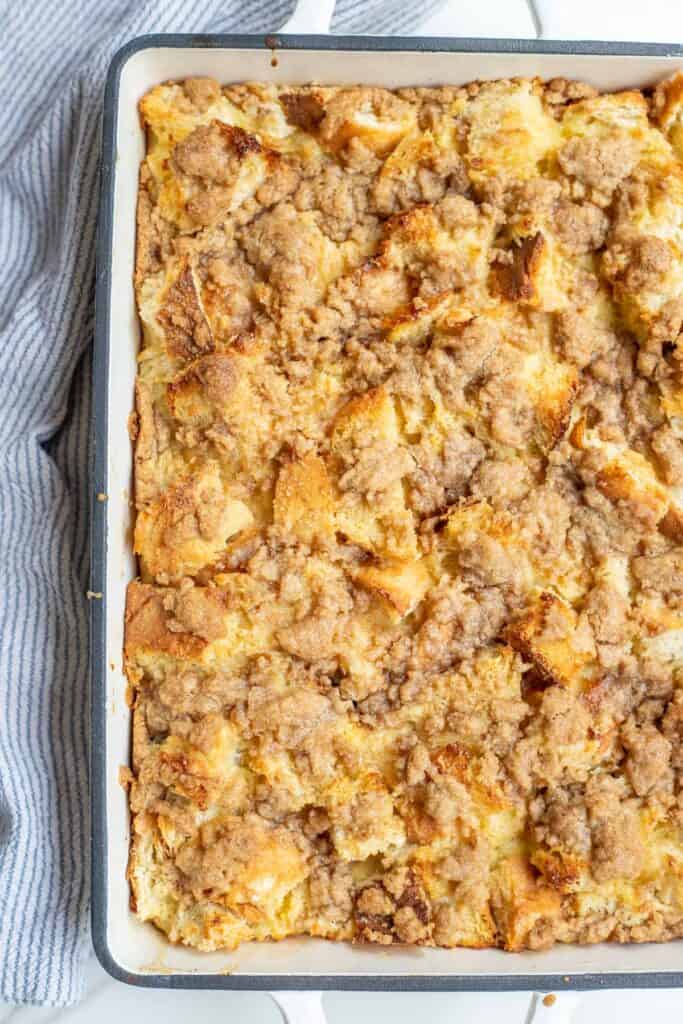 A baked French toast casserole fresh from the oven.