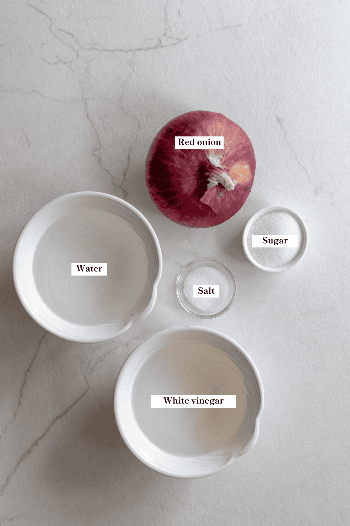Salt, vinegar, water, and sugar in small bowls and a raw red onion on a countertop.