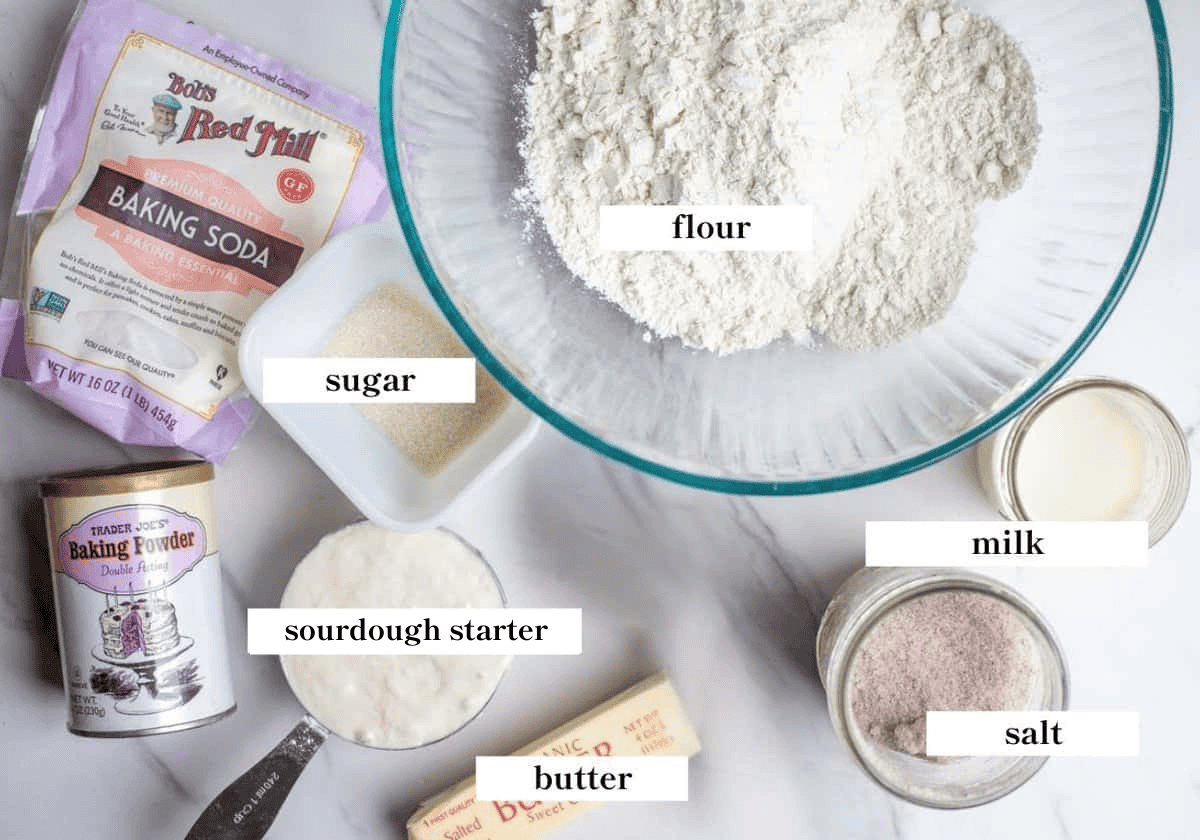 Flour, butter, salt, milk, sourdough starter, sugar, baking soda and baking powder on a table.