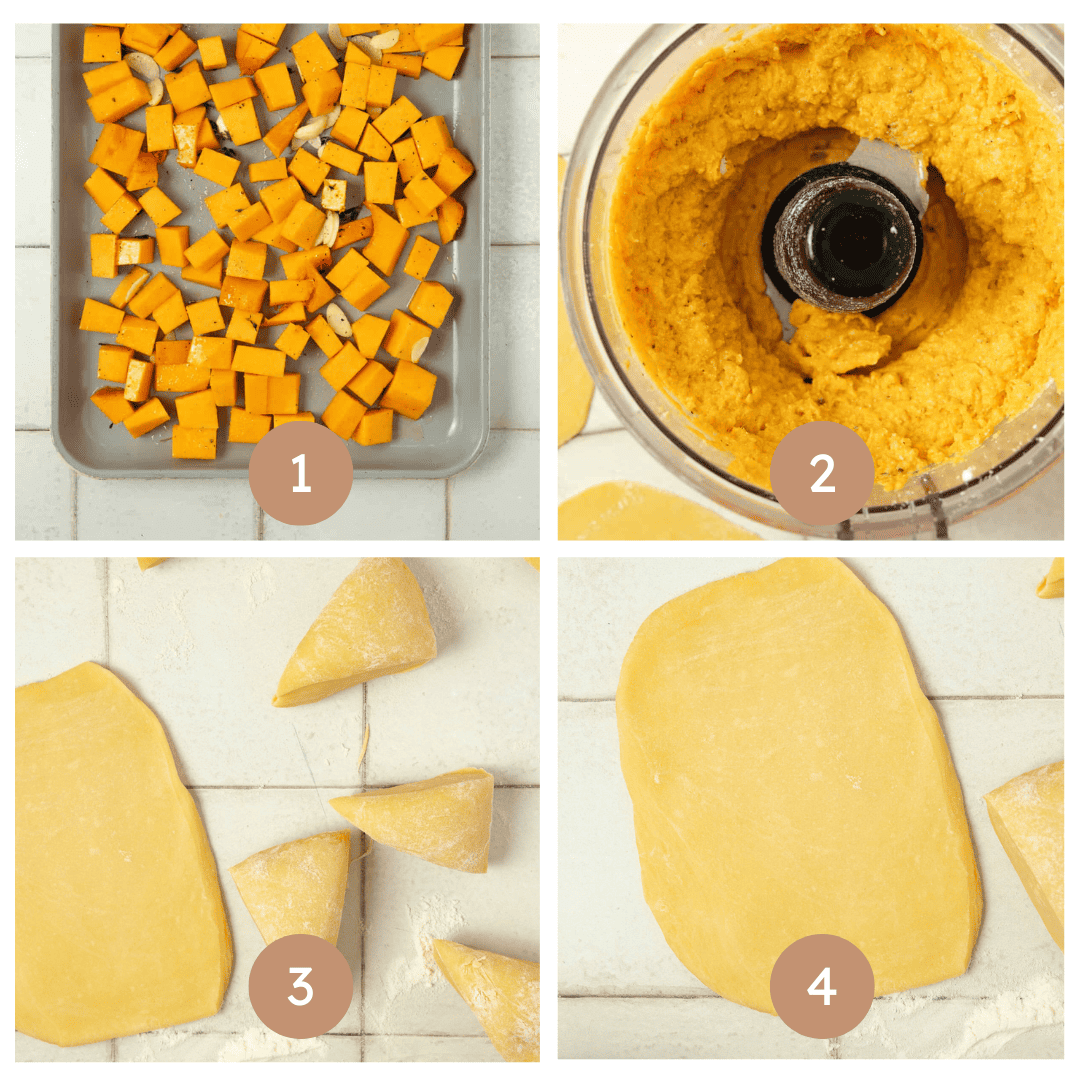 Four pictures demonstrating making a butternut squash paste and rolling out dough for ravioli.