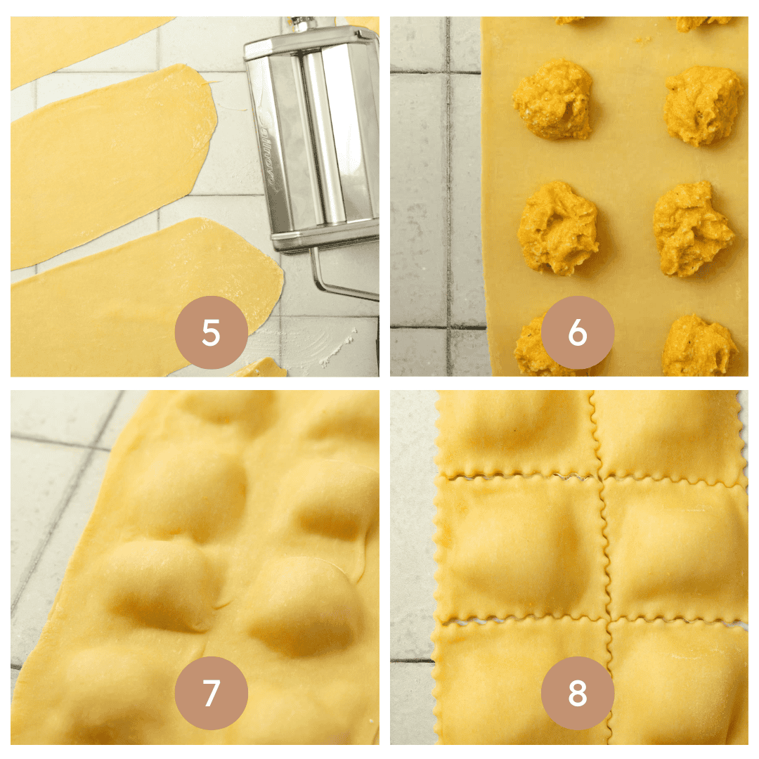 four pictures that show stretching the dough out and stuffing them with butternut squash and cutting out raviolis.
