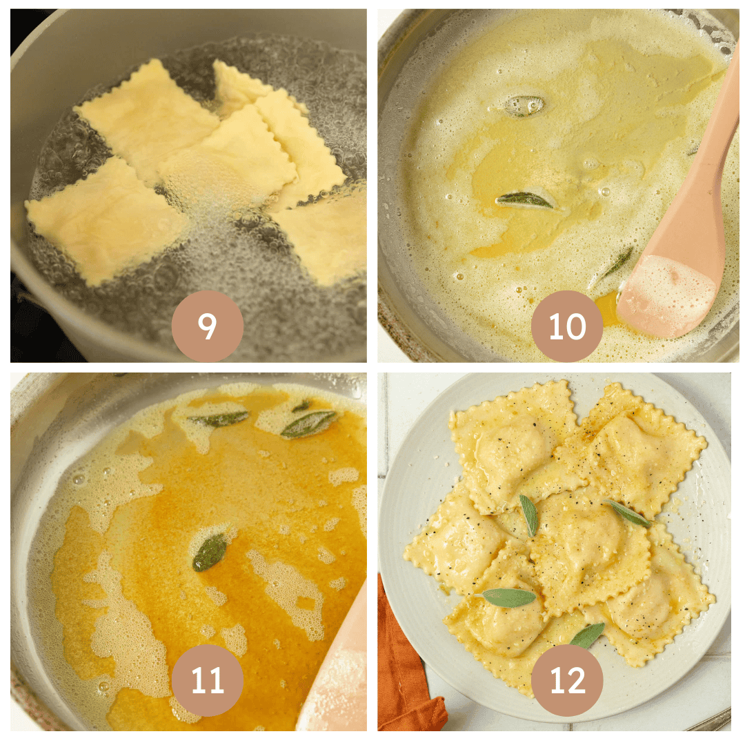 Four images demonstrating boiling raviolis and making a sage and butter sauce.