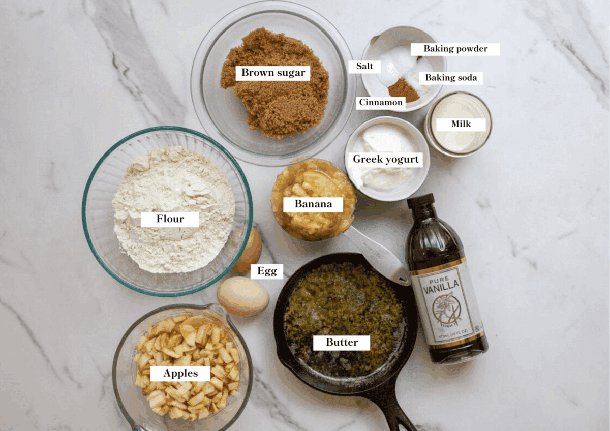 apples, bananas, flour, butter, greek yogurt and other ingredients.