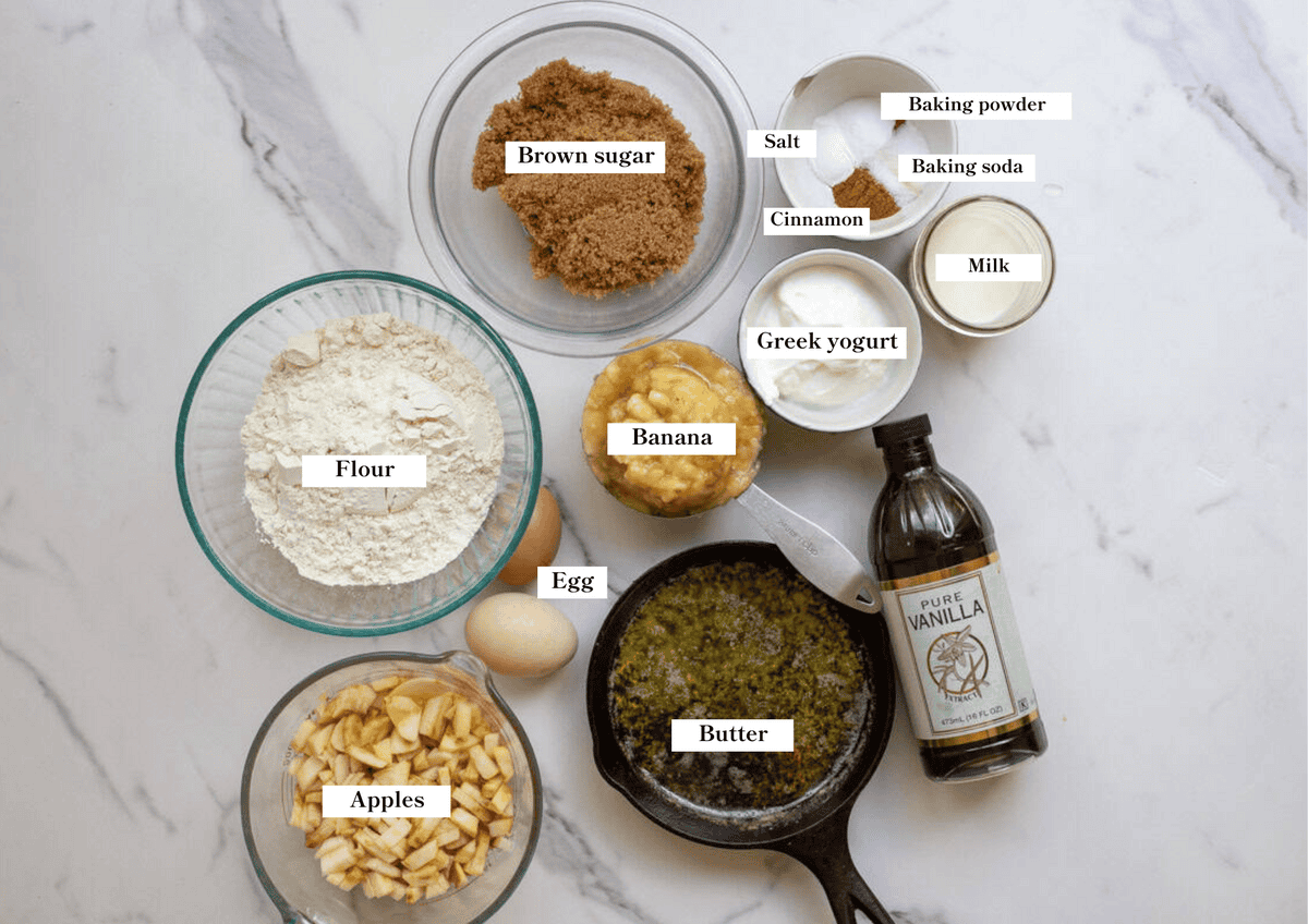 apples, bananas, flour, butter, greek yogurt and other ingredients.