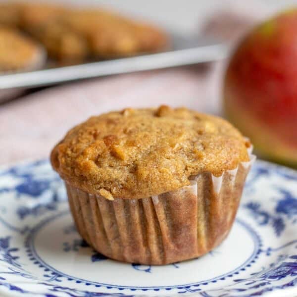 one apple banana muffin sitting on a blue decorative plate.