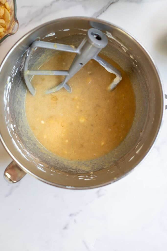 Butter, eggs, vanilla, Greek yogurt, and brown sugar mixed together.