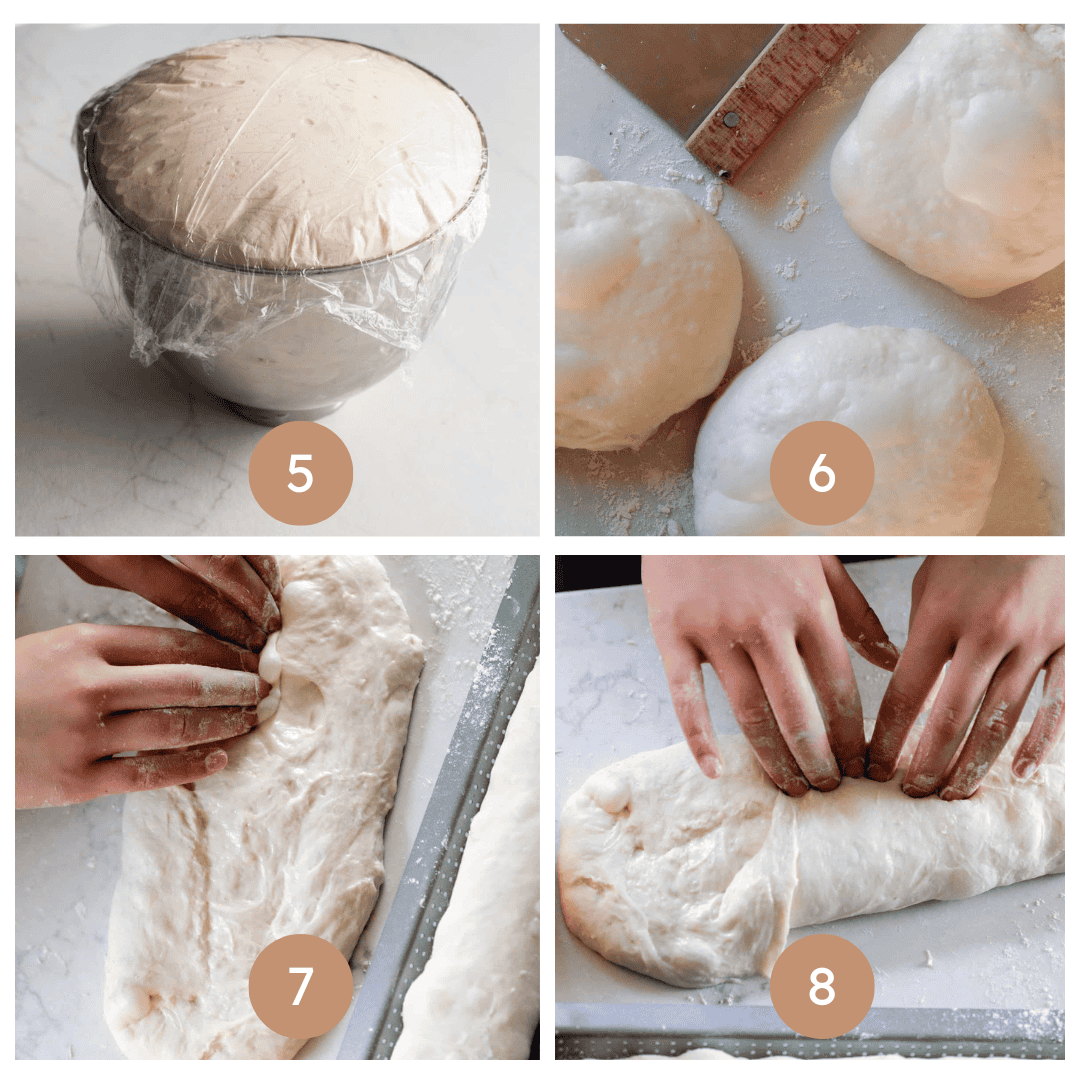 four images on steps 5-8 on how to make sourdough baguettes.