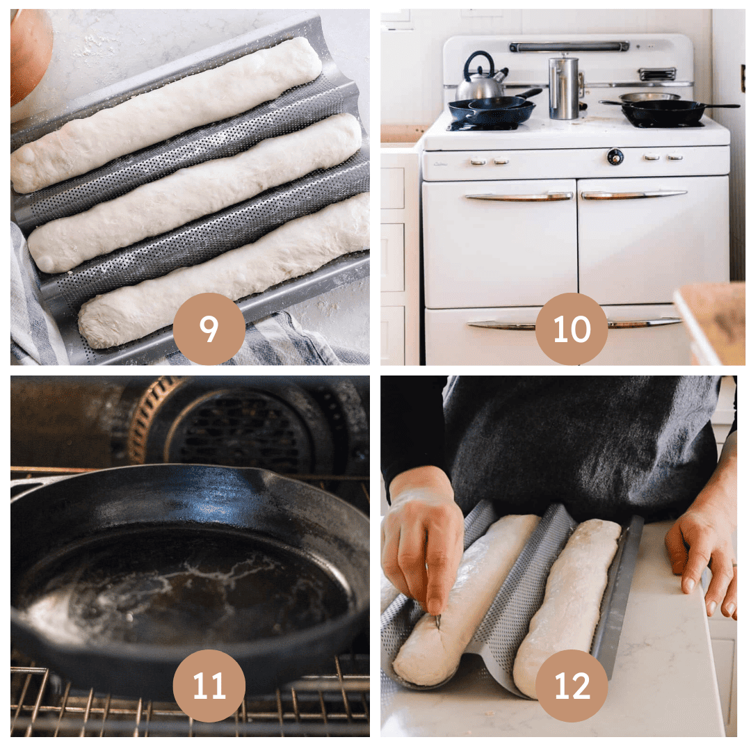 four images on steps 9-12 for how to make sourdough baguettes.