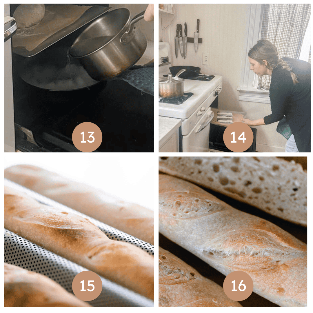 four images on steps 13-16 on how to bake sourdough baguettes.