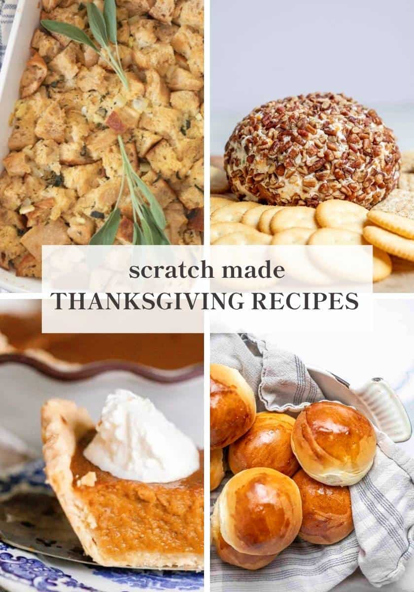 Stuffing, a cheese ball, dinner rolls, and pumpkin pie.