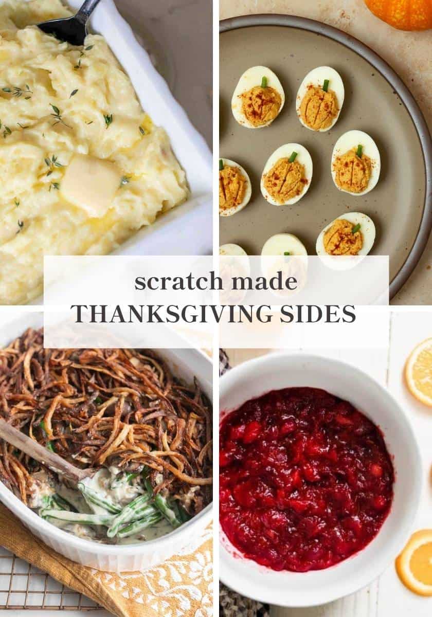 Deviled eggs, potatoes, green beans, and cranberry sauce.