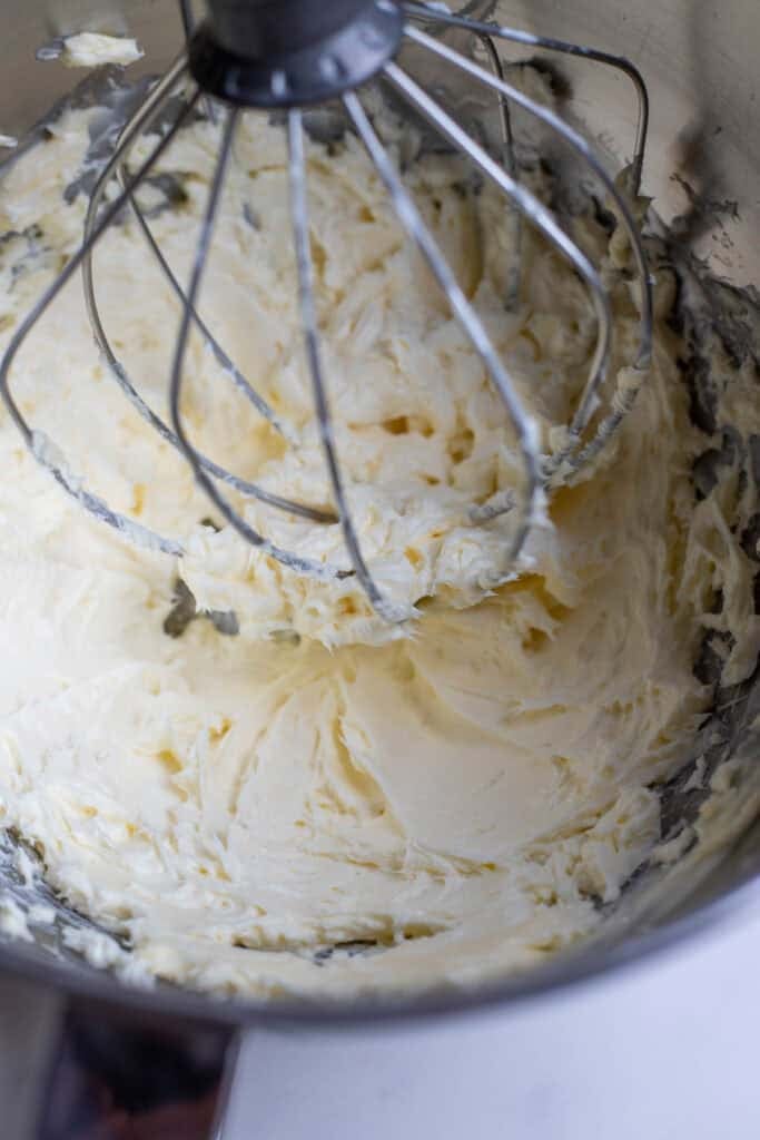 Cream cheese and butter whipped until creamy in a stand mixer.