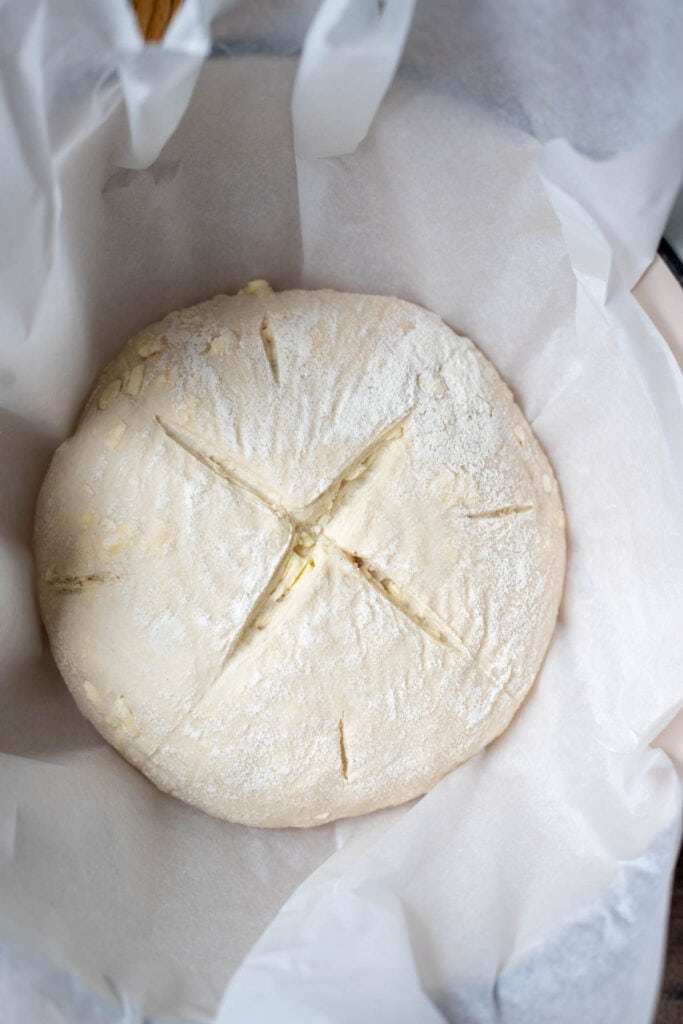 A sourdough boule placed in Dutch oven with a piece of parchment paper. 