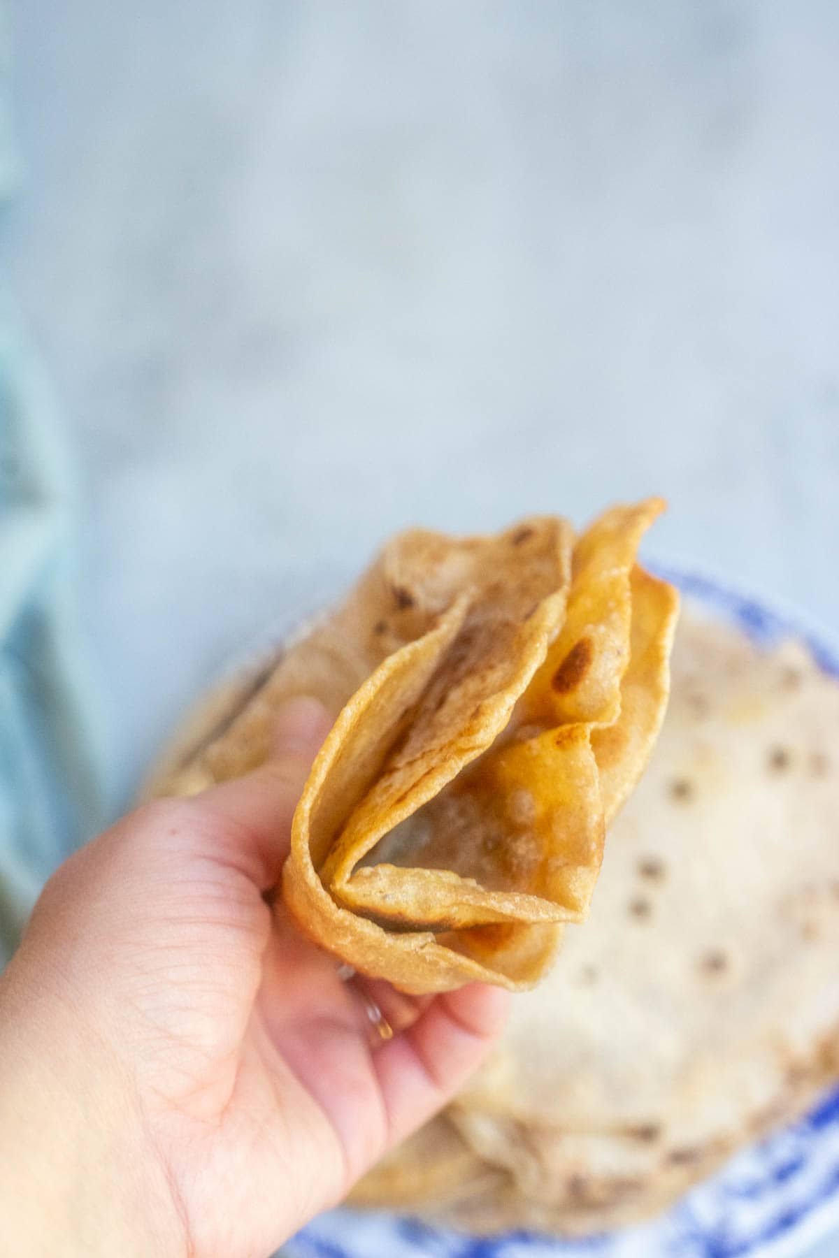 a woman's hand folding two tortillas in half.