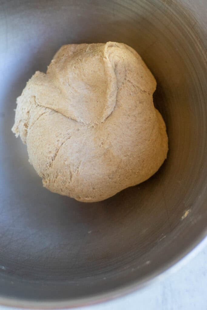 whole wheat ingredients kneaded in a mixer until the dough formed a ball.