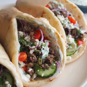 Beef gyros on a plate.