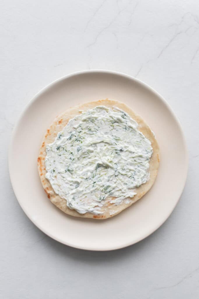 Tzatziki spread on a pita.