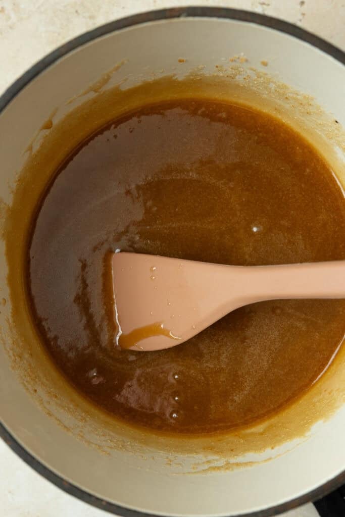 Melted butter and brown sugar in a sauce pan.