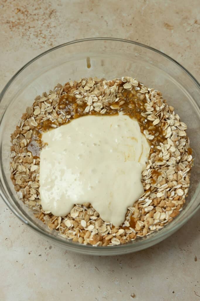 Sourdough discard in a rolled oat mixture.