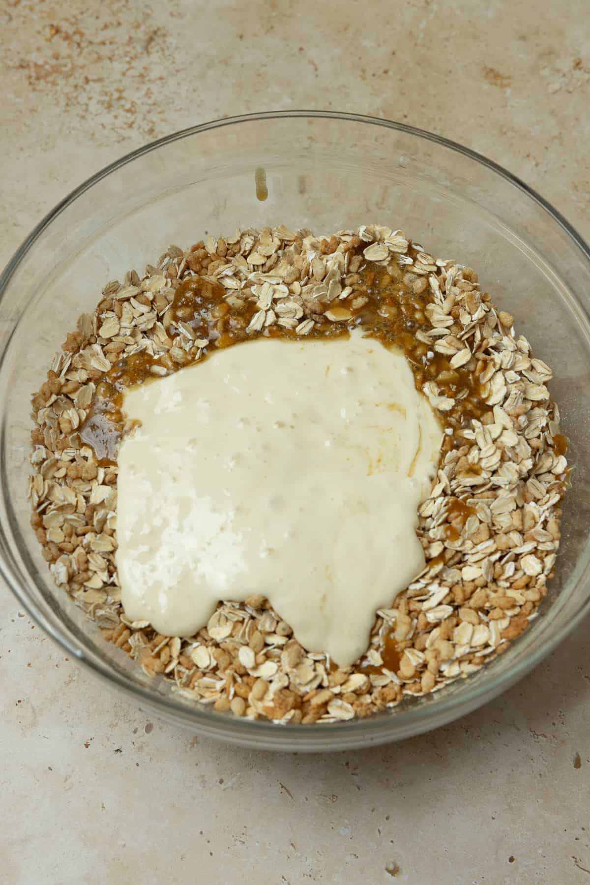 Sourdough discard in a rolled oat mixture.