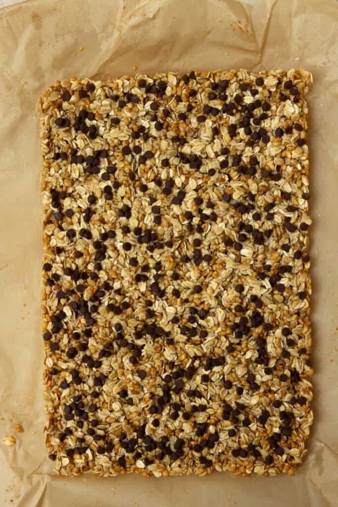 Baked granola bars in a pan.